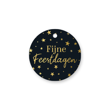 Afbeeldingen van KP® Cadeaulabel - Fijne feestdagen + sterren (zwart) - D60mm